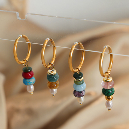 Boucles d'oreilles pendantes élégantes pour femme, en acier inoxydable imperméable, perles et pierres naturelles (1 paire).