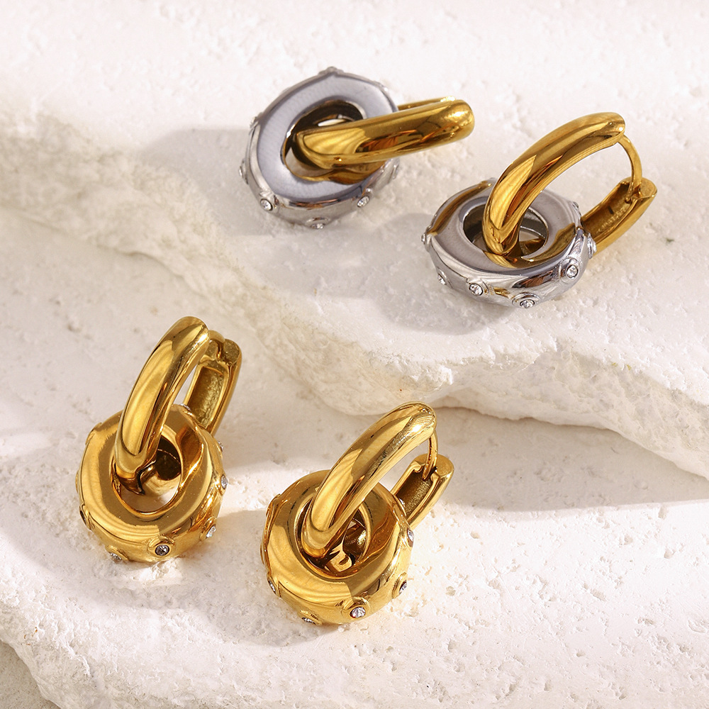 1 Paire De Boucles D'Oreilles Pendantes Daily Circle Pour Femme, En Acier Inoxydable Étanche, Couleur Or, Avec Zircon. Image3