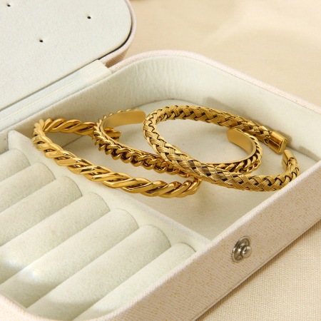 Bracelet manchette classique pour femme, en acier inoxydable tressé, couleur or, étanche (1 pièce).