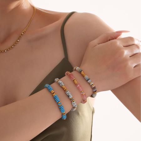 Bracelet rétro pour femme en perles de pierre naturelle, acier inoxydable, couleur or, étanche (1 pièce).