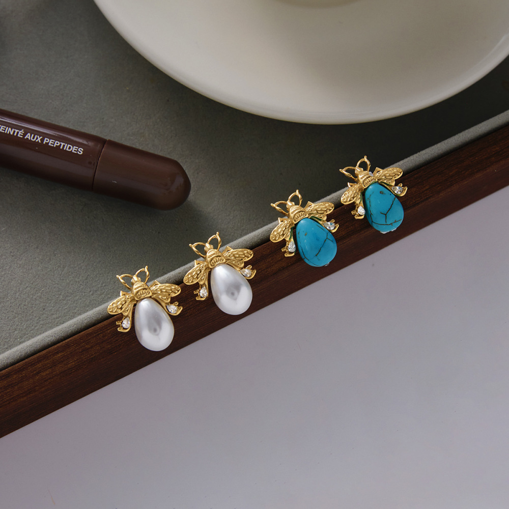 1 Paire De Boucles D'Oreilles Puces Chics En Acier Inoxydable Doré, Imperméables, Avec Pierre Naturelle Et Zircon, Motif Insectes. h5Image5