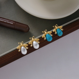 1 Paire De Boucles D'Oreilles Puces Chics En Acier Inoxydable Doré, Imperméables, Avec Pierre Naturelle Et Zircon, Motif Insectes. h5 Image5