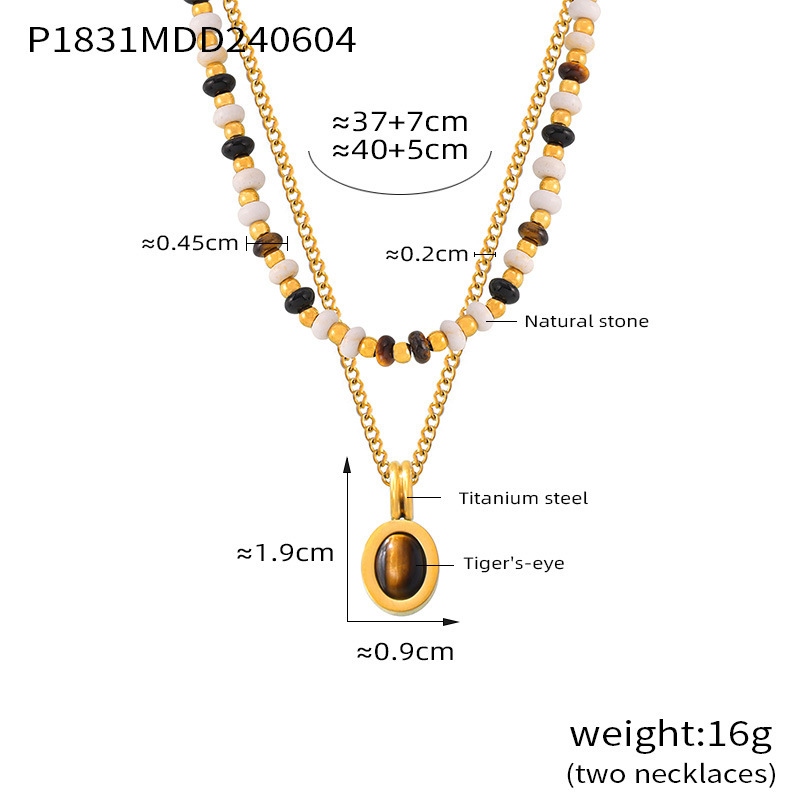 Collier Classique Ovale En Pierre Naturelle, Acier Inoxydable Étanche, Couleur Or, Pour Femme (1 Pièce) Image2