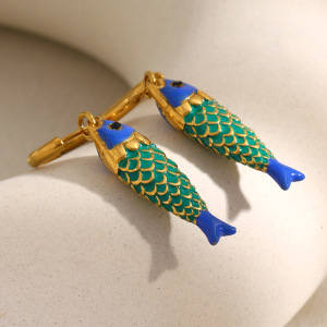 Boucles D'Oreilles Pendantes Pour Femme, Motif Poissons Éclatants, En Acier Inoxydable Étanche, Couleur Or (1 Paire). h5 Image5