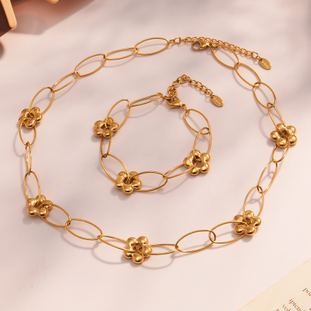 Ensembles de bijoux pour femmes en acier inoxydable doré, imperméables, à motif floral romantique 2