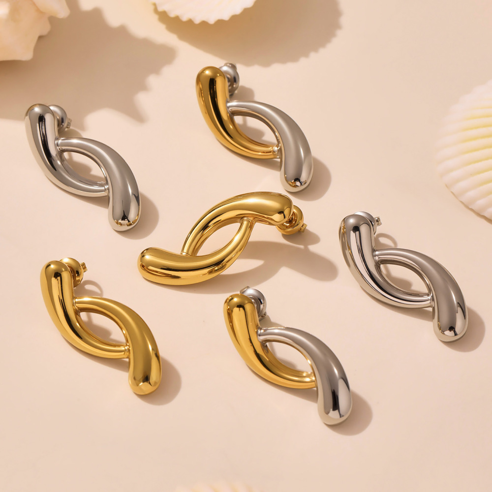 1 Paire De Boucles D'Oreilles Puces Pour Femme, En Acier Inoxydable De Forme Irrégulière, Étanches, Couleur Or h5Image3