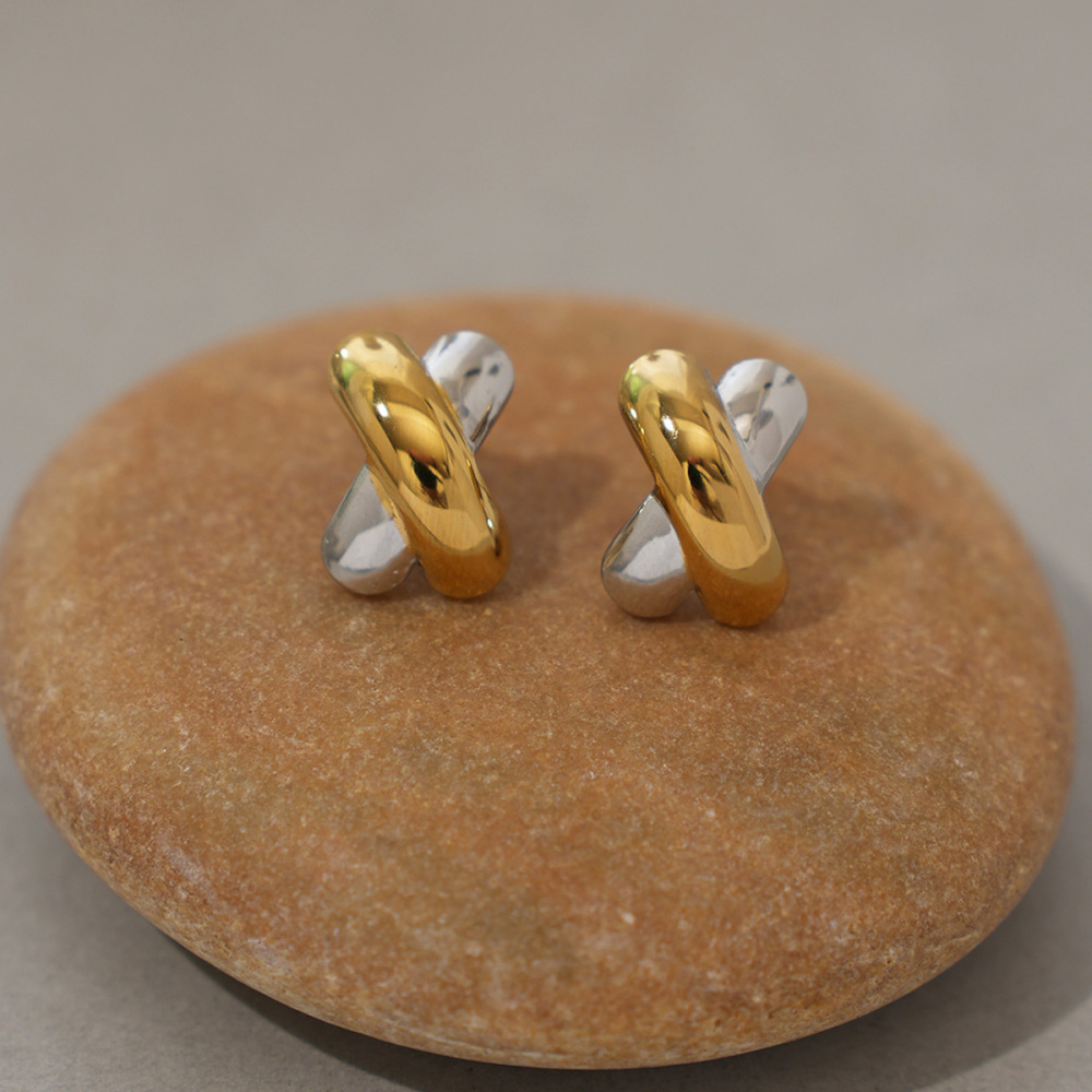 Boucles D'Oreilles Puces Pour Femme, Collection Simple Series Daily Patchwork, En Acier Inoxydable Étanche, Couleur Or (1 Pièce). Image4