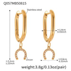 1 Paire De Boucles D'Oreilles Pendantes Luxueuses En Forme De Fer À Cheval, En Acier Inoxydable Étanche Couleur Or Et Zircon. h5 