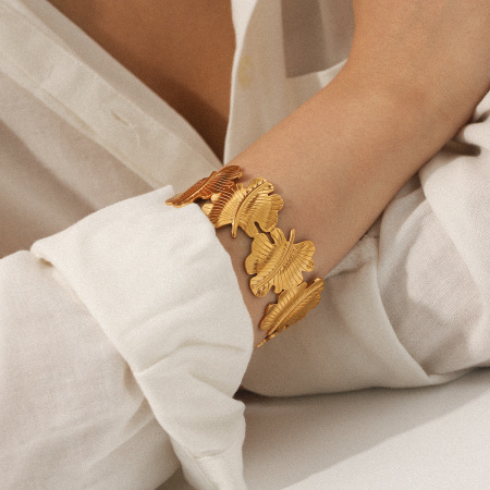 Bracelet jonc pour femme Daily Leaf en acier inoxydable, étanche, couleur or (1 pièce) 2