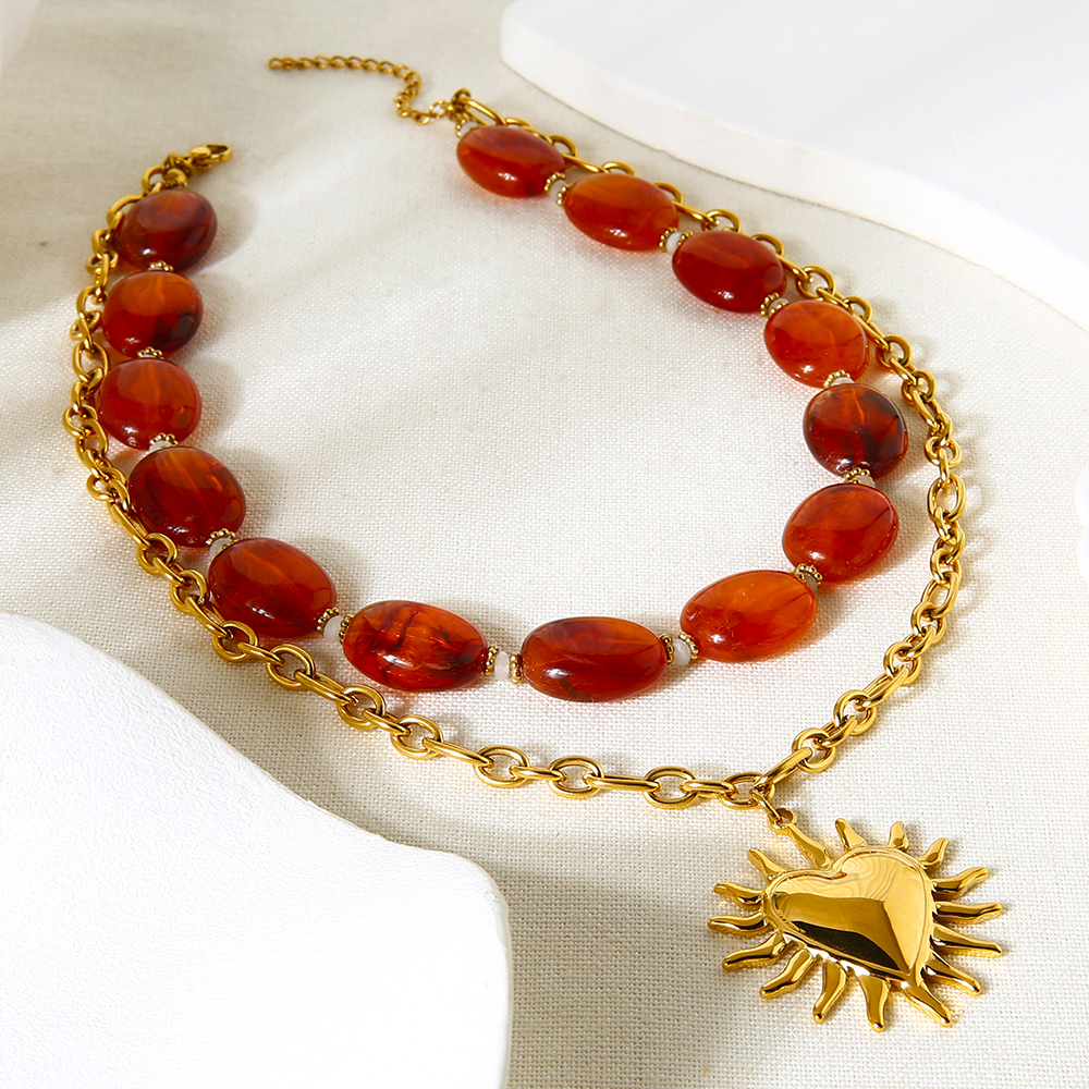 Ensemble De Colliers Rétro En Perles Acryliques Et Breloques En Forme De Cœur Couleur Or h5Image5