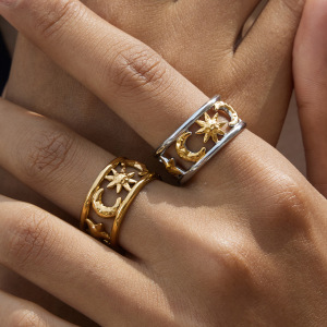 Bague Tendance Chic Sun&Moon En Acier Inoxydable Étanche Couleur Or (1 Pièce) h5 Image3