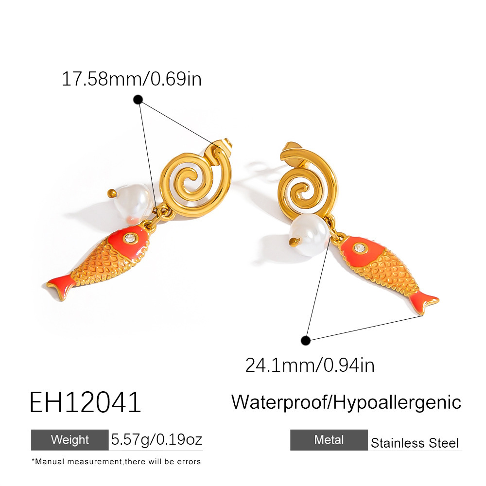 1 Paire De Boucles D'Oreilles Pendantes Pour Femme, En Acier Inoxydable Imperméable, Motif Poisson Et Gouttes D'Huile Colorées. Image2