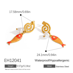 1 Paire De Boucles D'Oreilles Pendantes Pour Femme, En Acier Inoxydable Imperméable, Motif Poisson Et Gouttes D'Huile Colorées. h5 Image2