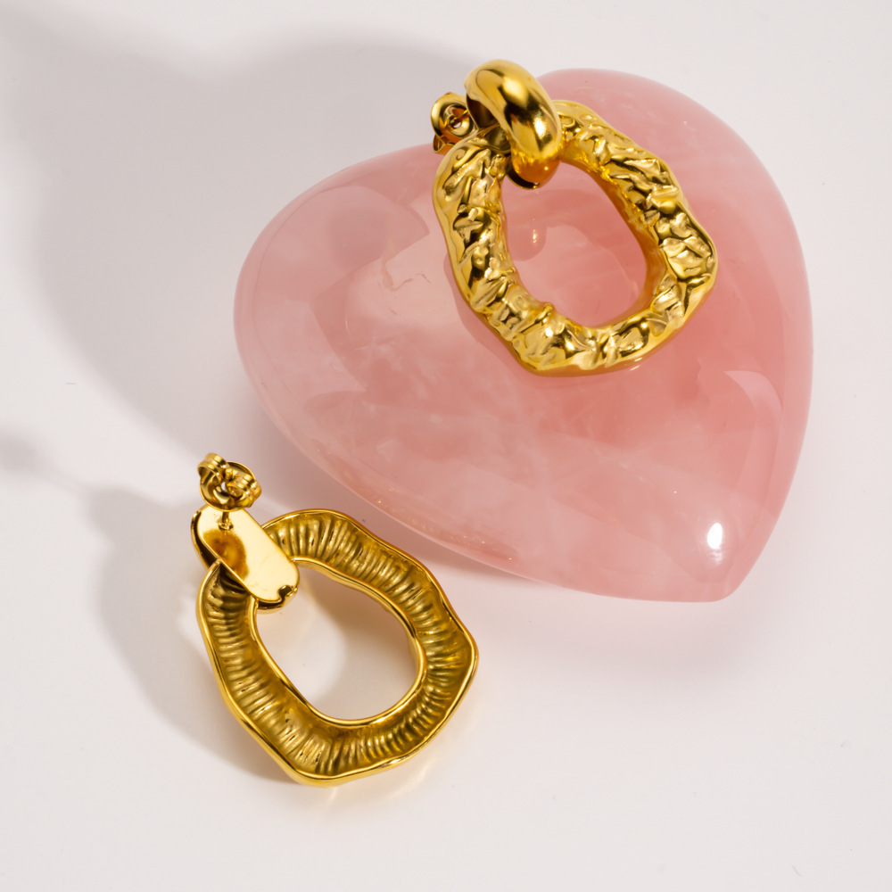 Boucles D'Oreilles Puces Pour Femme, En Acier Inoxydable Imperméable, Forme Irrégulière Décontractée, Motif Martelé (1 Pièce). Image3