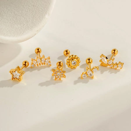 Boucle d'oreille piercing en forme de cœur, étoile, cuivre, or et zircon