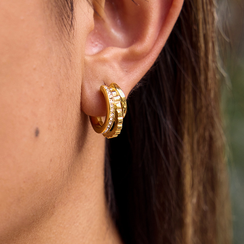 1 Paire De Boucles D'Oreilles Créoles Pour Femme, En Acier Inoxydable Étanche, Couleur Or, Collection Simple Series. Image3