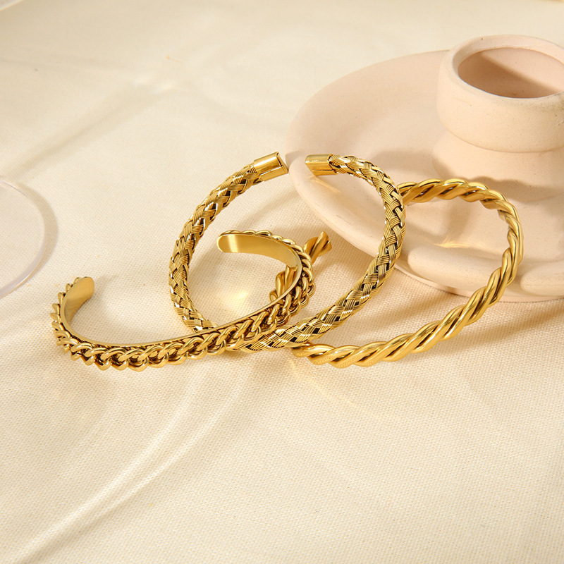 Bracelet Manchette Classique Pour Femme, En Acier Inoxydable Tressé, Couleur Or, Étanche (1 Pièce). Image4