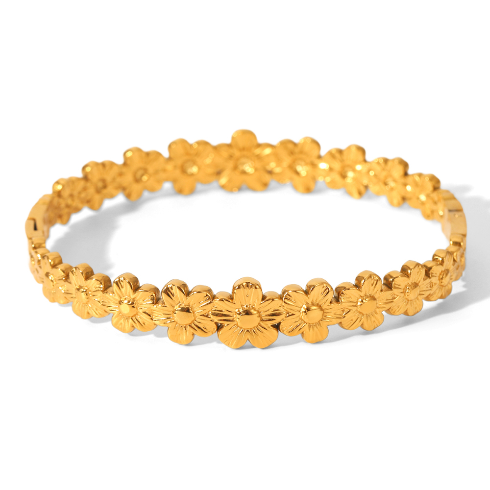 Bracelet Jonc Simple Pour Femme, Motif Floral Quotidien, En Acier Inoxydable Étanche, Couleur Or (1 Pièce) 