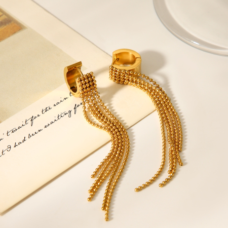 Boucles d'oreilles pendantes pour femme, simples et élégantes, en acier inoxydable doré, imperméables, avec pompon (1 paire). 2