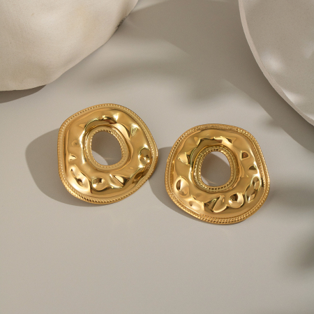 1 paire de boucles d'oreilles clous rondes en acier inoxydable imperméables, motif martelé
