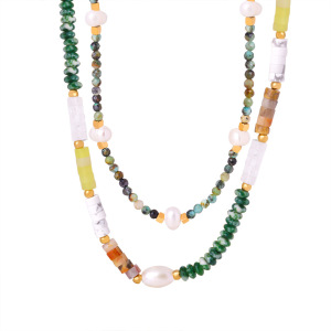 Collier De Perles Pour Femme, 1 Pièce, En Acier Inoxydable Imperméable, Couleur Or, Avec Pierres Naturelles h5 Image5