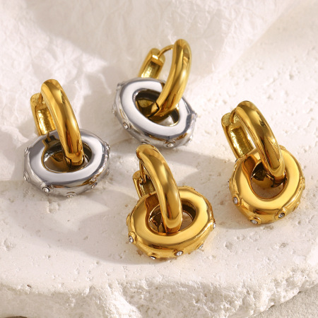 1 paire de boucles d'oreilles pendantes Daily Circle pour femme, en acier inoxydable étanche, couleur or, avec zircon. 2