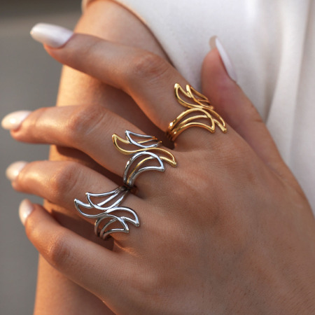 Bague tendance décontractée de forme irrégulière en acier inoxydable, couleur or, étanche.