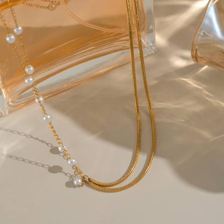 Collier à plusieurs rangs de perles, en acier inoxydable étanche couleur or