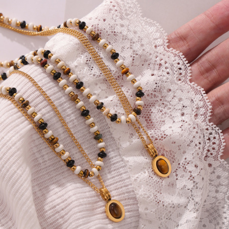 Collier classique ovale en pierre naturelle, acier inoxydable étanche, couleur or, pour femme (1 pièce) 2
