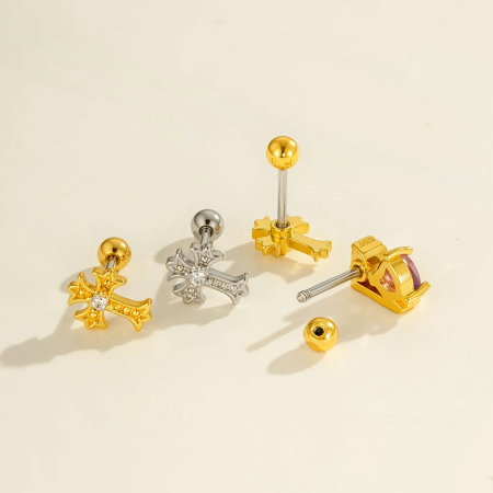 Boucle d'oreille piercing en forme de cœur, croix, cuivre, couleur or et zircon 2