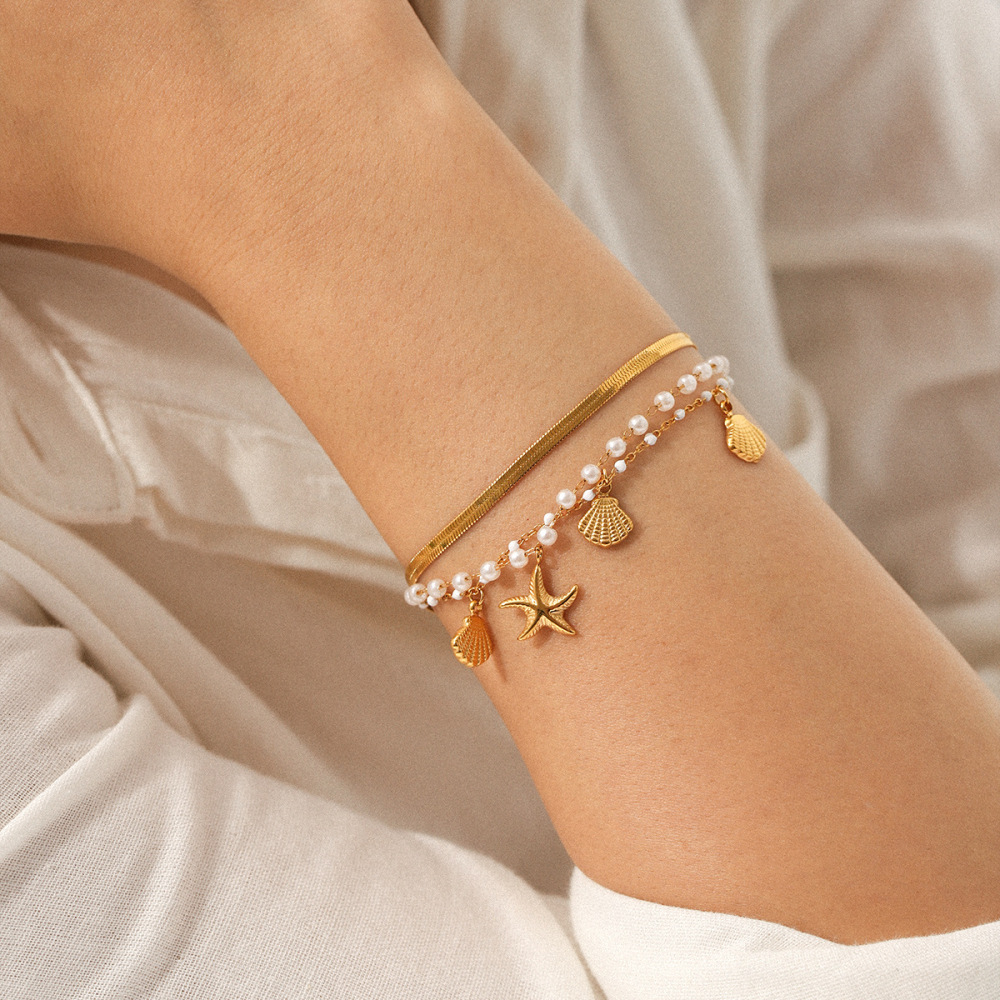 1 Ensemble De Bracelets Perlés Simples Pour Femmes, En Acier Inoxydable Imperméable Couleur Or, Pour Un Usage Quotidien. Image4