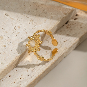 Bague Élégante Pour Femme En Acier Inoxydable, Imperméable Et Ornée D'Une Pierre Naturelle, Avec Motif Floral (1 Pièce). h5 Image4