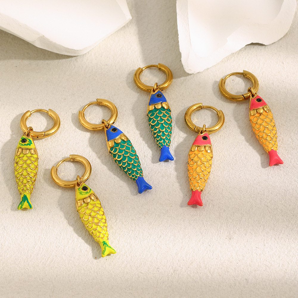 Boucles D'Oreilles Pendantes Pour Femme, Motif Poissons Éclatants, En Acier Inoxydable Étanche, Couleur Or (1 Paire). h5Image4