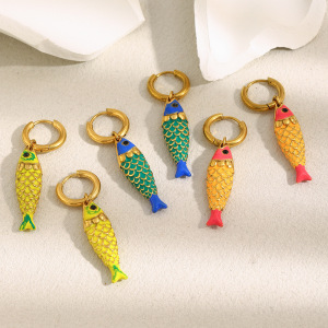 Boucles D'Oreilles Pendantes Pour Femme, Motif Poissons Éclatants, En Acier Inoxydable Étanche, Couleur Or (1 Paire). h5 Image4