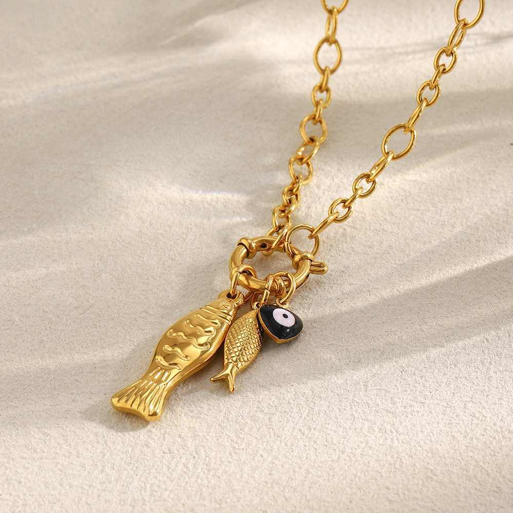 Collier Pendentif Femme En Acier Inoxydable Doré, Motif Poisson D'Été (1 Pièce) Image5