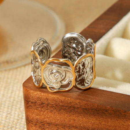 Bague tendance rétro rose en acier inoxydable, étanche, bicolore. 2