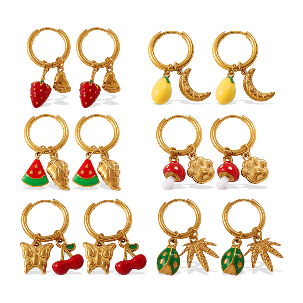 1 Paire De Boucles D'Oreilles Pendantes En Acier Inoxydable Doré, Étanches, En Forme De Fruits Image4