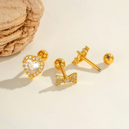 Boucle d'oreille piercing en forme de cœur, nœud papillon, cuivre, couleur or et zircon 2