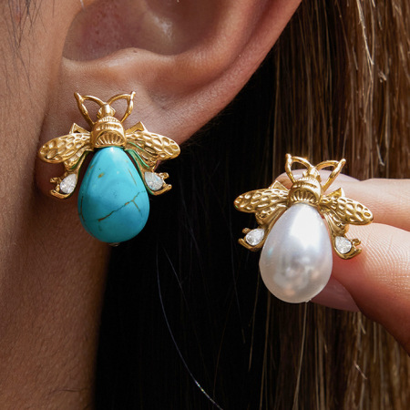 1 paire de boucles d'oreilles puces chics en acier inoxydable doré, imperméables, avec pierre naturelle et zircon, motif insectes. 2