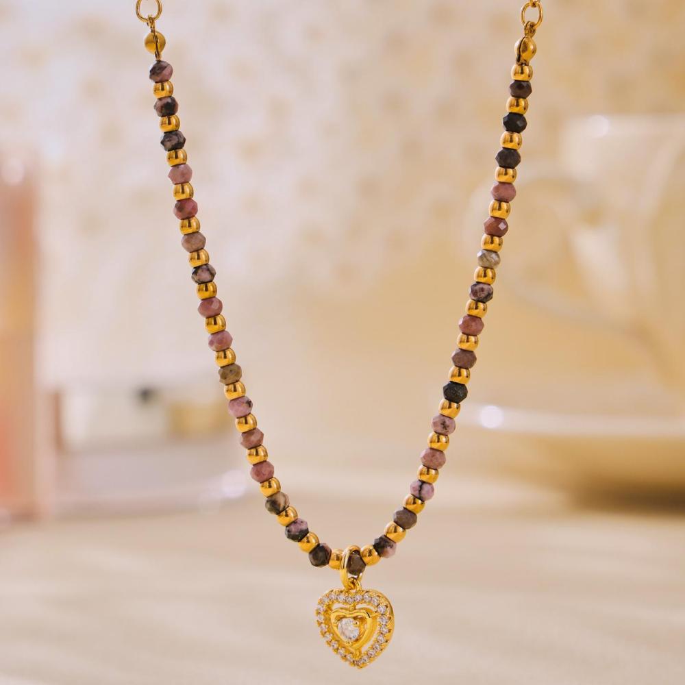 Ensembles De Bijoux Pour Femmes En Acier Inoxydable Doré, Imperméables, En Forme De Cœur Vintage Et Ornés De Pierres Naturelles h5Image6