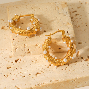 1 Paire De Boucles D'Oreilles Créoles Pour Femme, En Acier Inoxydable Imperméable, Couleur Or, Forme Irrégulière, Ornées De Perles. h5 Image6