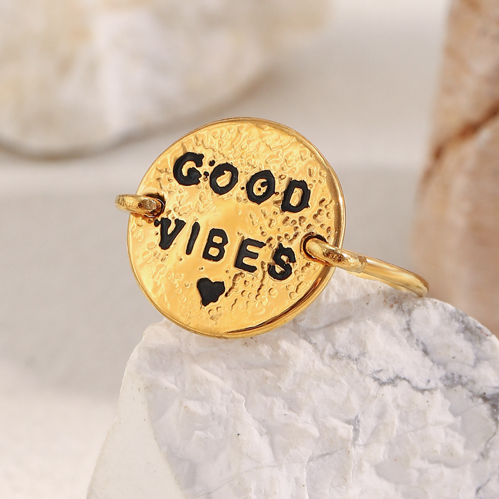 Bague Tendance Daily Good Vibes En Acier Inoxydable Étanche Couleur Or (1 Pièce) h5Image4