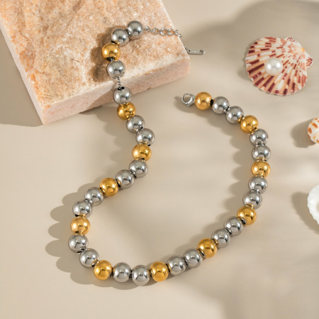 Collier de perles dorées en acier inoxydable étanche, composé d'une seule pièce et de perles de couleurs assorties