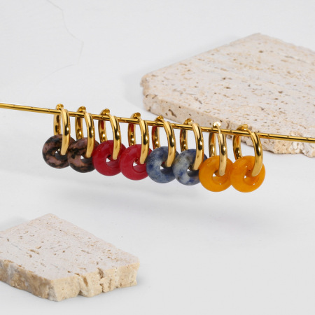 1 paire de boucles d'oreilles pendantes vintage rondes en acier inoxydable doré étanche avec pierre naturelle pour femme 2