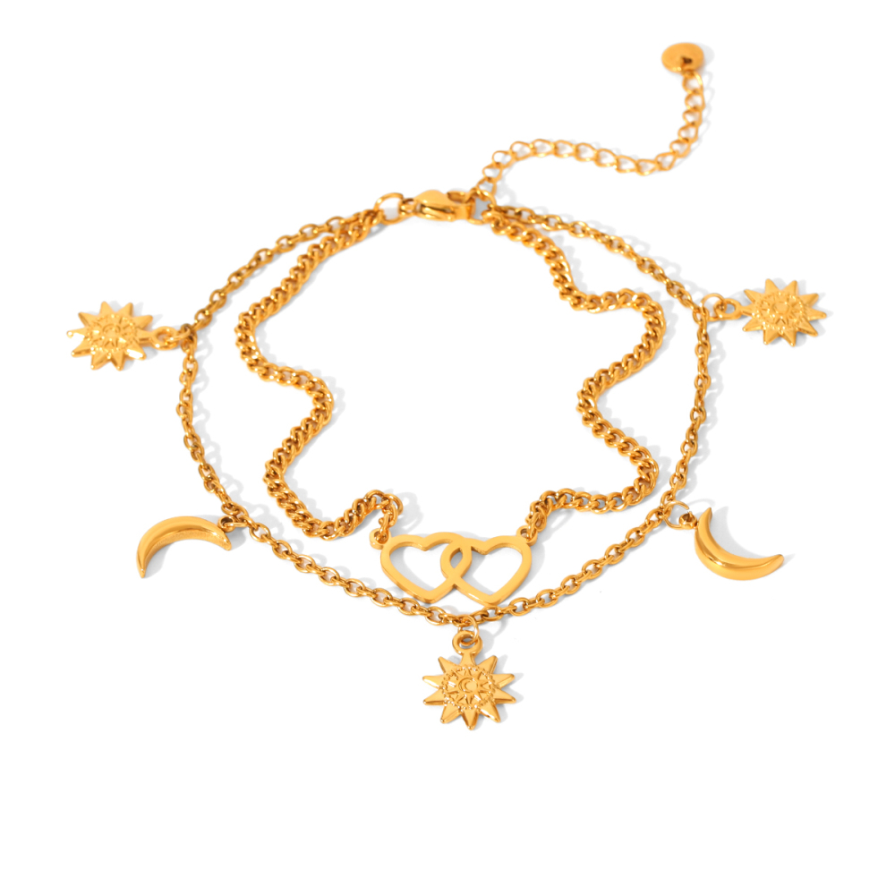 Bracelet De Cheville Simple En Acier Inoxydable Couleur Or, Motif Cœur Et Lune (1 Pièce)