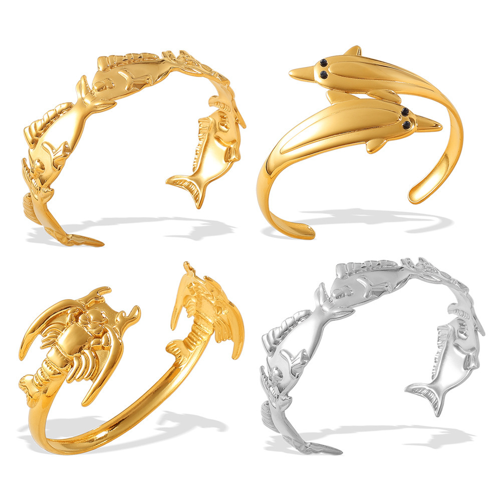 Bracelet Manchette Étanche En Acier Inoxydable Doré, En Forme De Poisson (1 Pièce) Image6