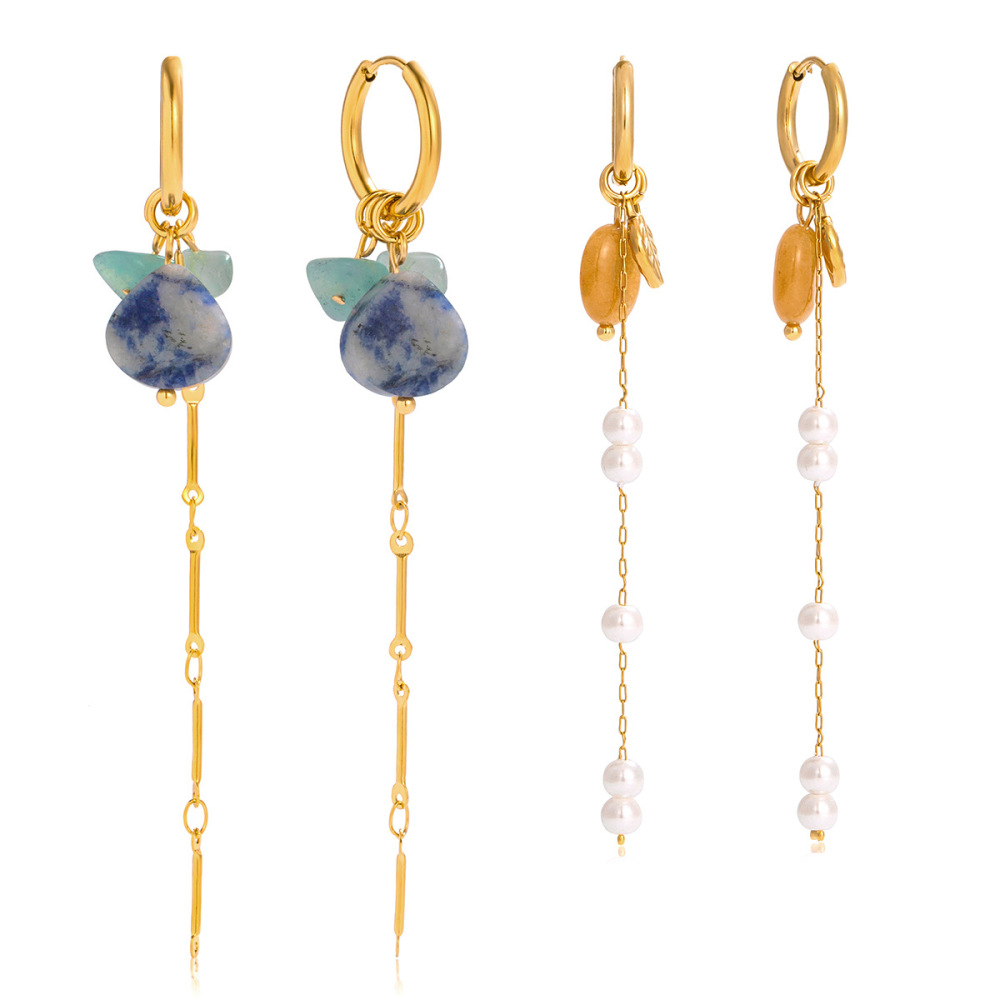 Boucles D'Oreilles Pendantes Pour Femme, En Acier Inoxydable Doré, Avec Pampilles En Pierre Naturelle (1 Paire). Image7