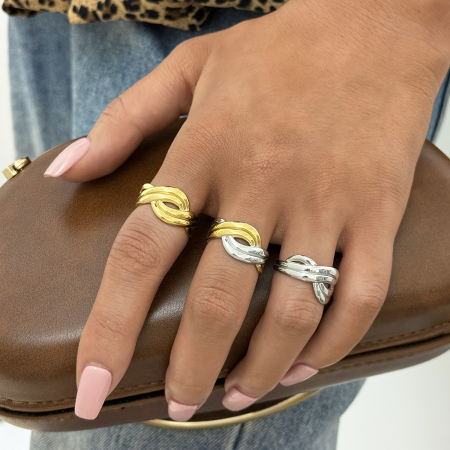 Bague tendance moderne en acier inoxydable doré, forme croisée, étanche (1 pièce). 2