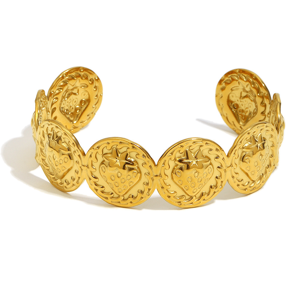 Bracelet Manchette Pour Femme Daily Strawberry En Acier Inoxydable, Étanche, Couleur Or (1 Pièce). Image4