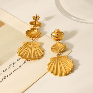Boucles D'Oreilles Pendantes Pour Femme, Collection Simple Series Daily Shell, En Acier Inoxydable Étanche, Couleur Or (1 Paire). h5 Image5